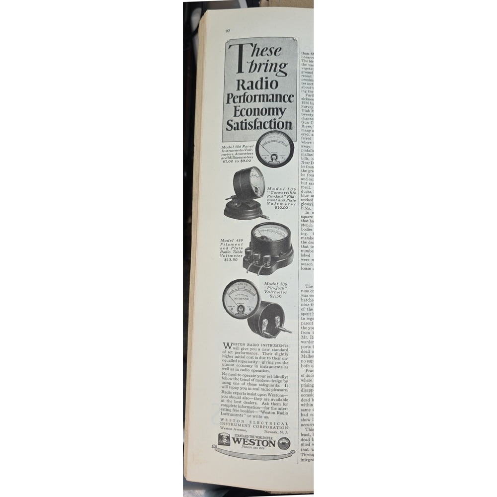 Weston Electrical Instrument Corporation Radio Voltmeter Ammeter 1927 print ad